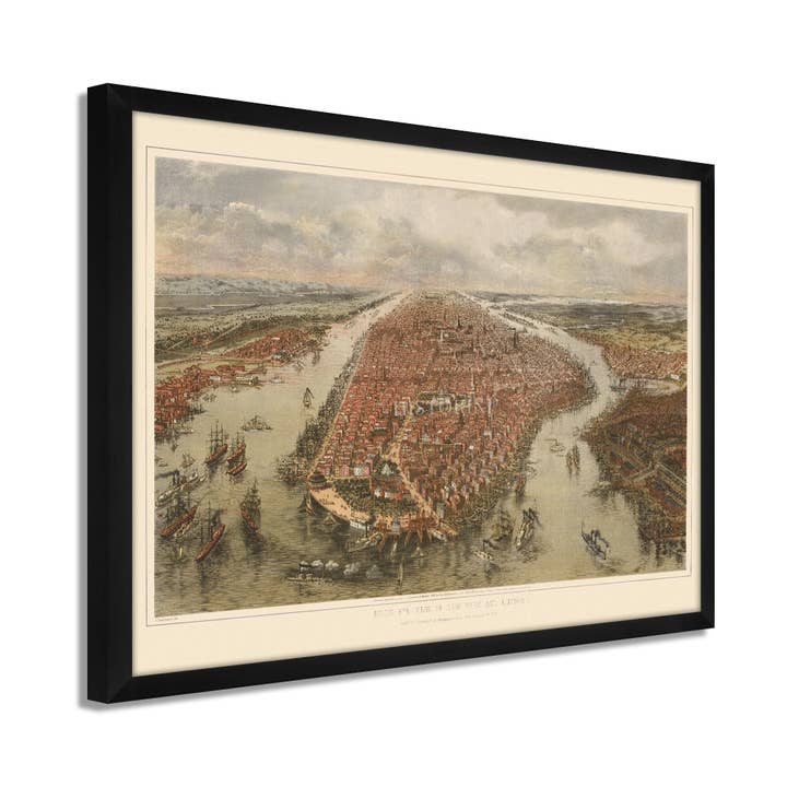 1865 New York Map - Framed Vintage New York Map Print - New York City Map - Old NYC Map - Bird's Eye View of New York City Map & Environs Wall Art Poster for wholesale by Historic Prints