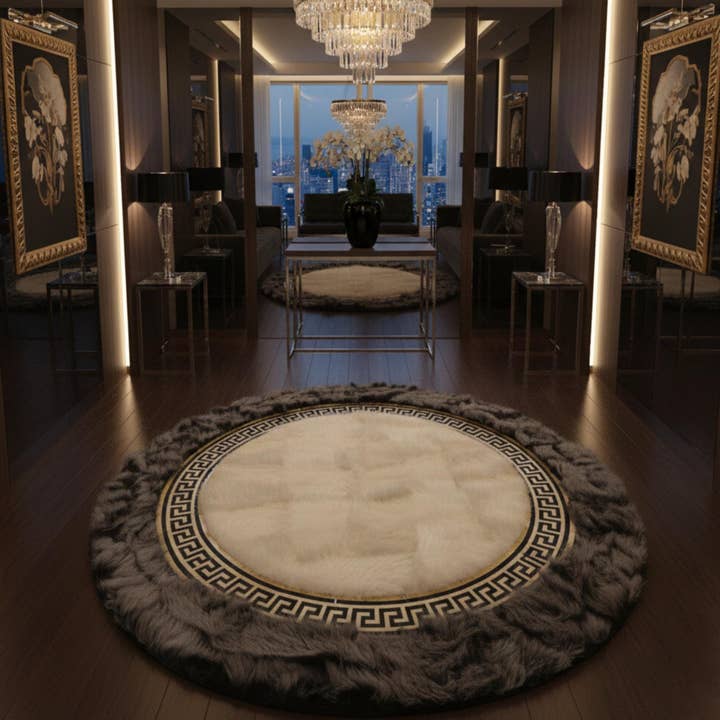 White and Gray Round Tuscan Fur Rug, Geometric Border Carpet for wholesale by Karelias And Sons