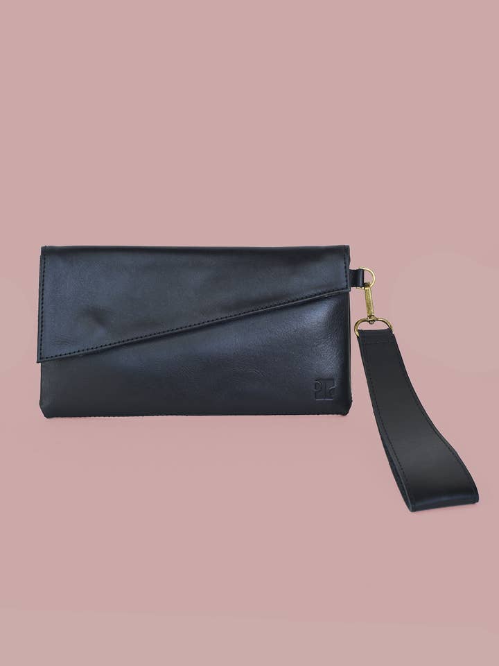 Angle Clutch Purse Wristlet in Black Leather for wholesale by Purse & Clutch
