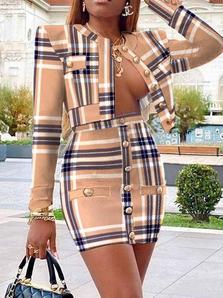 Flarix - Vendita all'ingrosso Completo top e gonna - Donna - Completo gonna e giacca in tweed con stampa scozzese e bottoni3