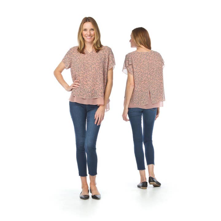 PT12054 PINK Floral Layered Blouse with Split Back Detail for wholesale by Papillon