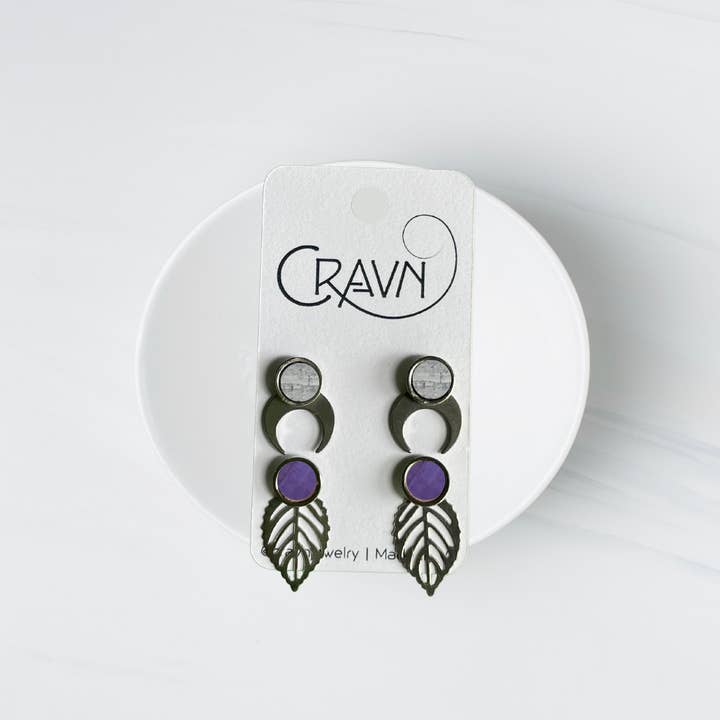 Cravn Jewelry - Wholesale Dangle Earrings - Interchangeable Studs - Silver Moon / Large Leaf6