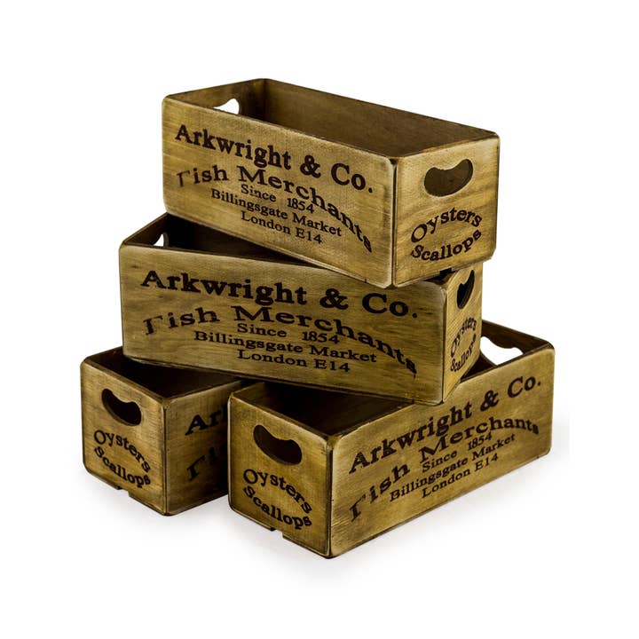Set di 4 scatole in legno anticato «Billingsgate Market» per la vendita all'ingrosso da parte di McGowan & Rutherford Ltd