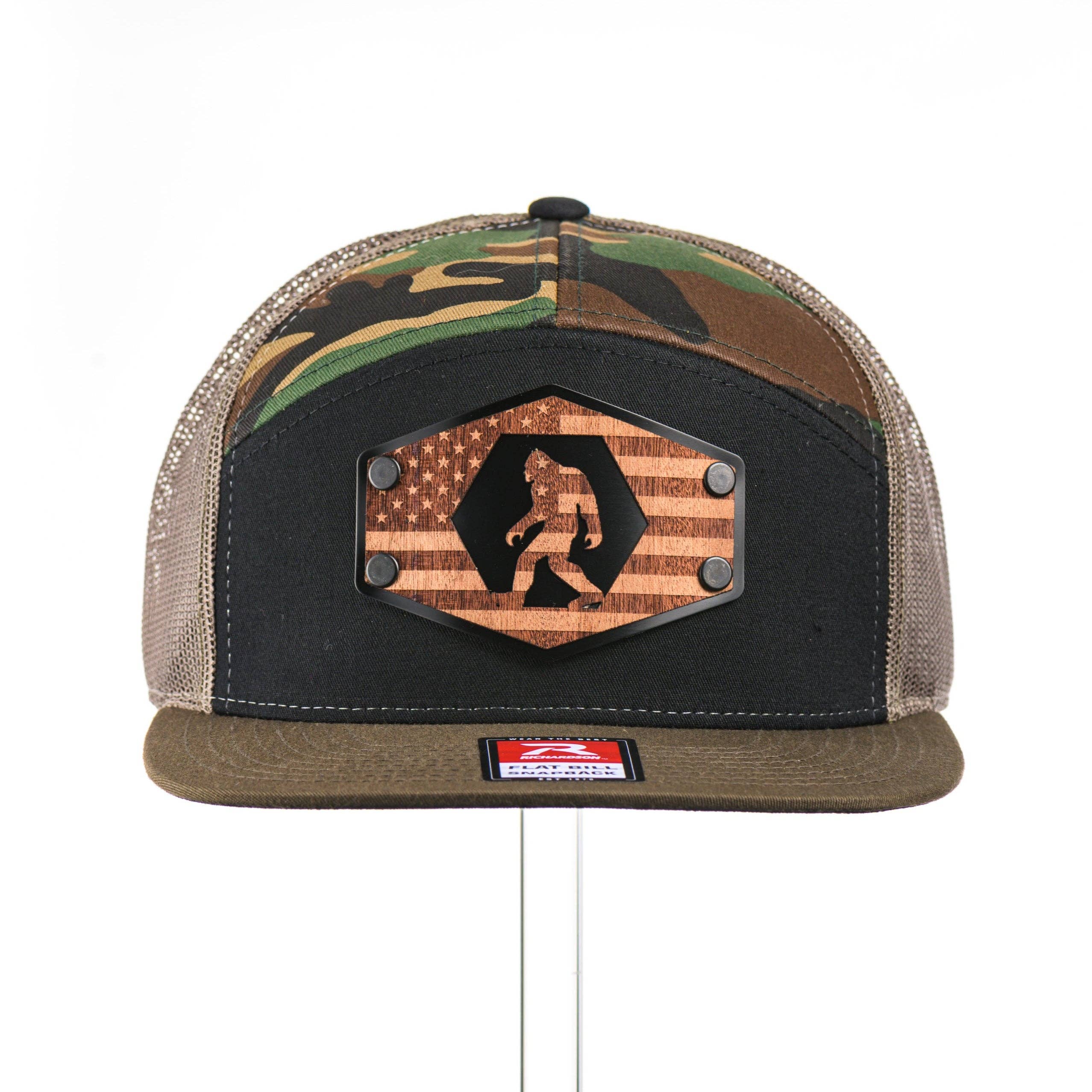Last Best Supply Co - Wholesale Trucker Hat - Unisex - Mahogany Wood Bigfoot American Flag Patch Camo Flat Bill Hat