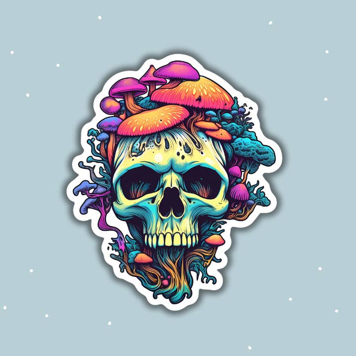Multicolored Mushroom Skull Sticker for wholesale by Jedi Woods LLC