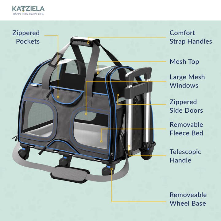 Katziela - Wholesale Pet carrier – Cat/dog - Luxury Rider Pet Carrier with Removable Wheels - 4 Colors4