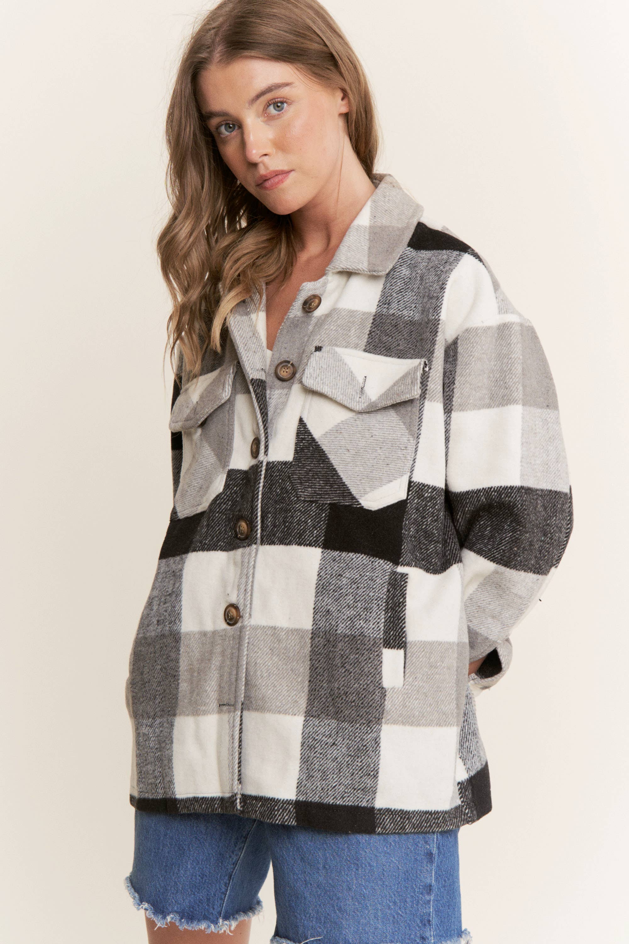 Sweet Generis - Wholesale Shirt Jacket/Shacket - Women's - FUZZY PLAID BUTTON DOWN FLANNEL SHIRT JACKET24