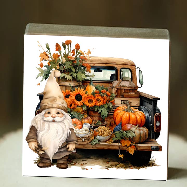 Bad Bunny Designs - Wholesale Sign - Gnome Old Truck with Fall Flowers Block Shelf Sitter