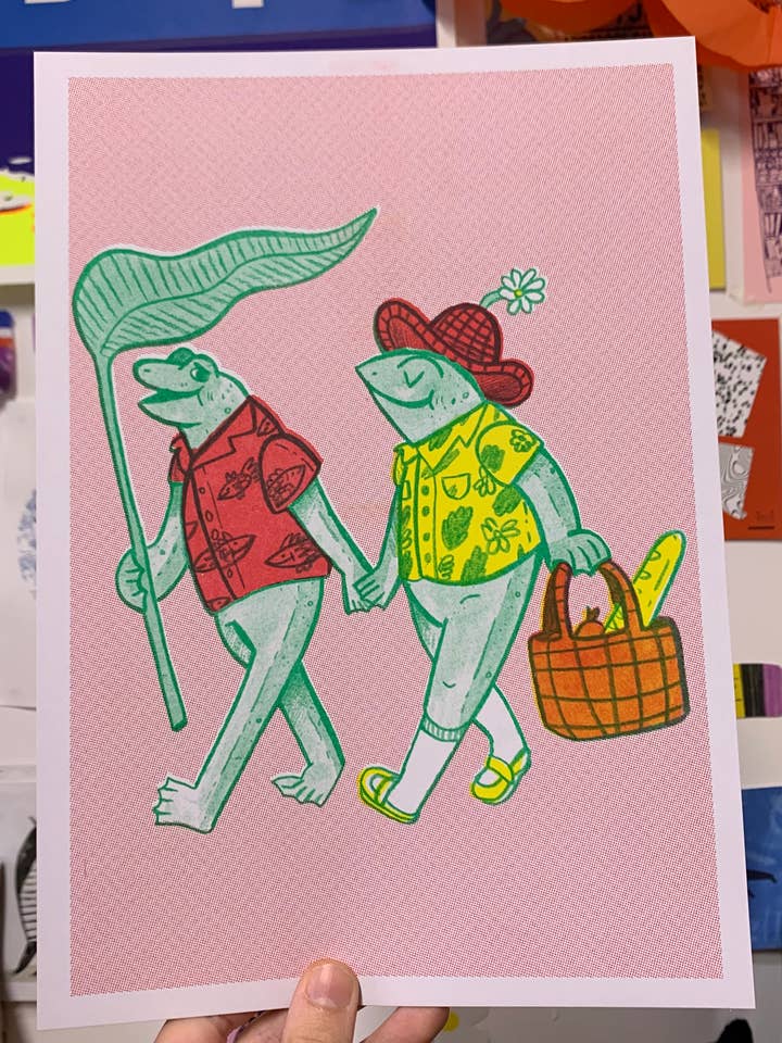 Cute Frogs On A Date Love Toad A4 Risograph Print for wholesale by 2B Or Not 2B