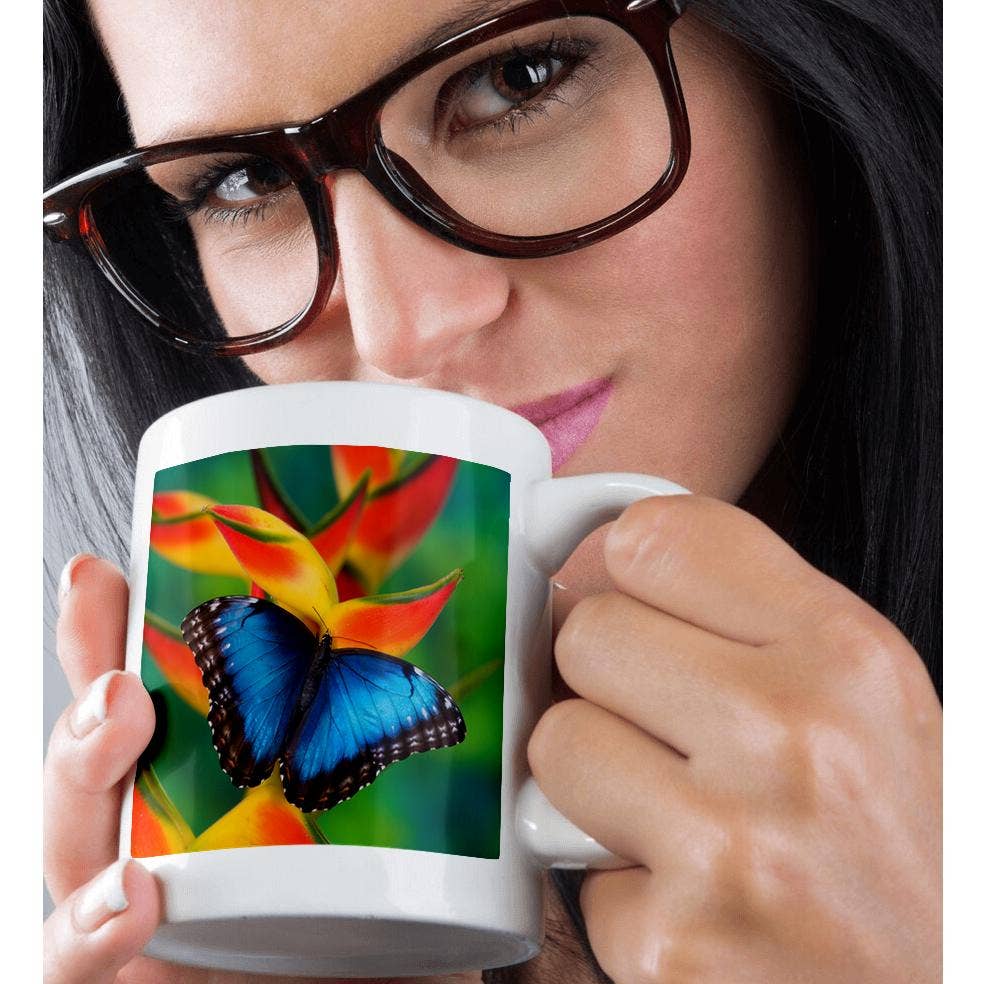 3dRose - Wholesale Coffee Mug - 3dRose, Blue Morpho Butterfly sitting on tropical Heliconia flowers, Mug9