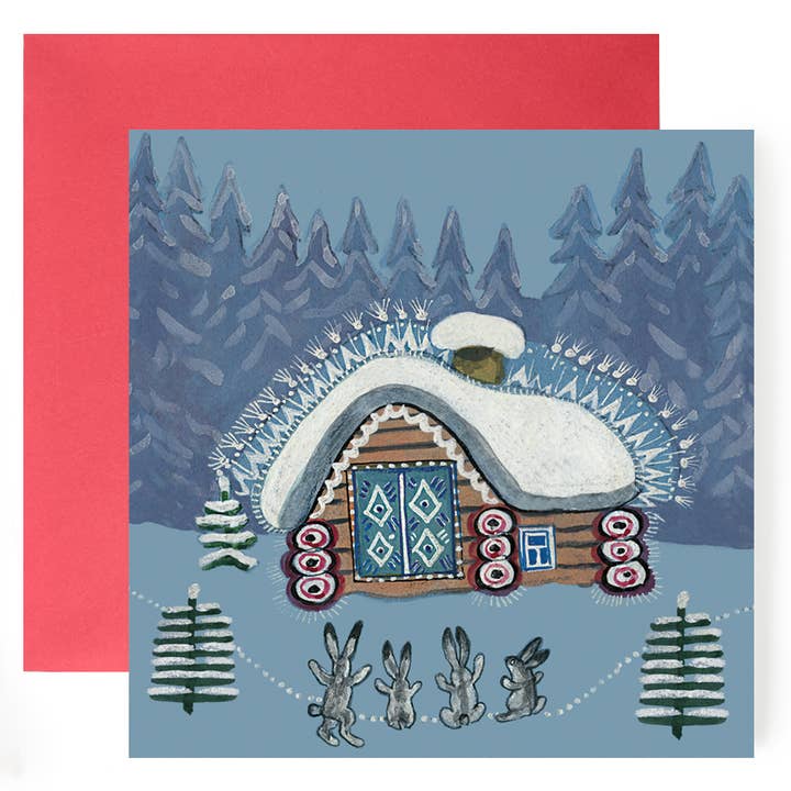 Winter Bunnies in Snow, cute blank Christmas Greeting card for wholesale by Kapelki Art