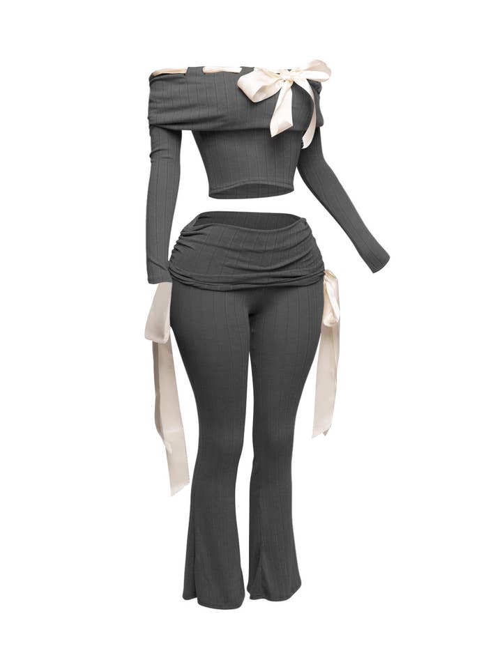 K Too - Wholesale Top & Pant Set (NOT Loungewear) - Women's - Off shoulder ribbon trim detailed top & pants set4