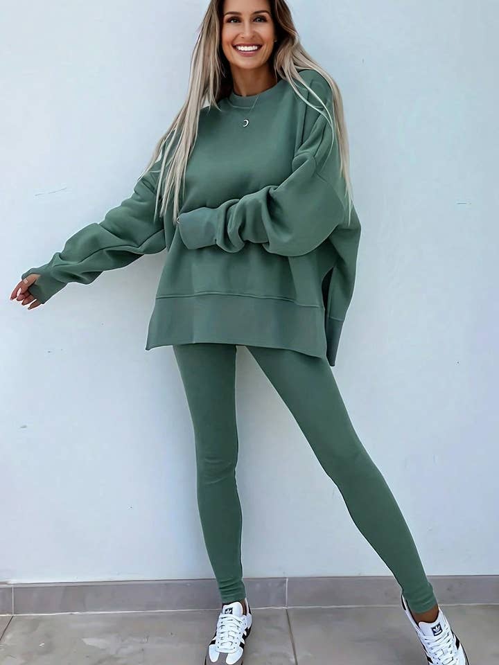 Suhkasana - Wholesale Lounge Set - Women's - Solid Oversize Slit Sweatshirt with Ribbed Leggings Set23