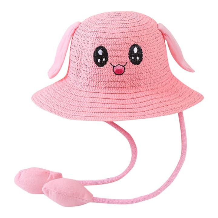 ASSORTED KIDS CARTOON FACE MOVING EAR STRAW BUCKET HAT 4201-9 (12PC) for wholesale on Faire