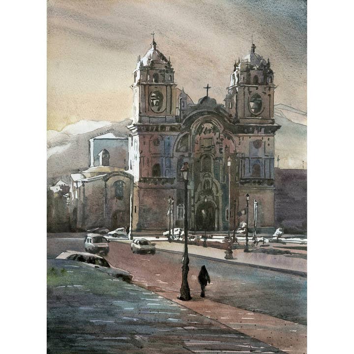 De kathedraal van Cusco op de Plaza de Armas in de schemering - Peru. Kathedraal op Plaza de Armas Incan aquarel Peru kunstwerk kerk Cusco (print) voor wholesale door Ryan Fox Fine Art