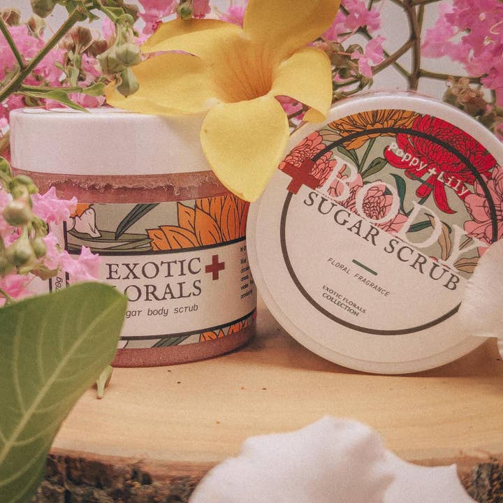 Exotische Blüten Zucker-Körperpeeling: Weihrauch & Myrrhe für den Großhandel von Poppy+Lily