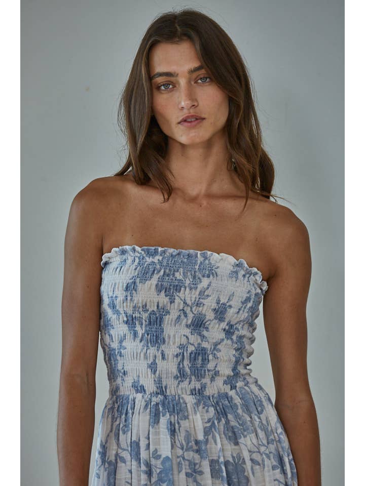 Ivory Blue L9240 | Woven Cotton Rayon Floral Smocked Strapless Midi for wholesale on Faire2