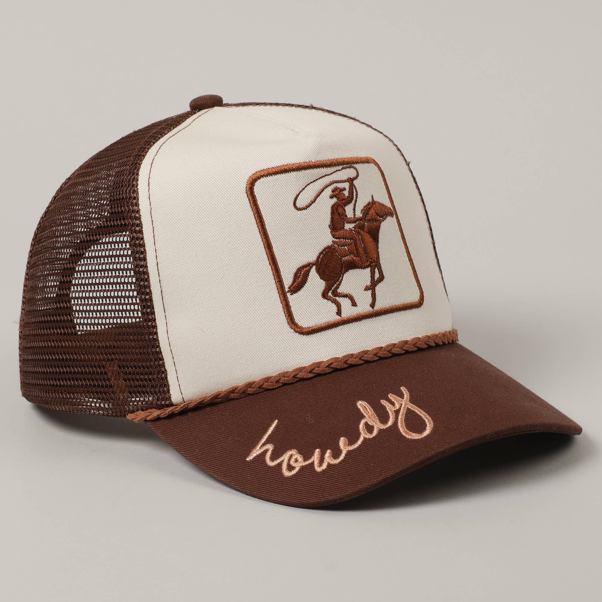 Brown Cowboy Image Howdy Embroidery Mesh Back Cap for wholesale on Faire2