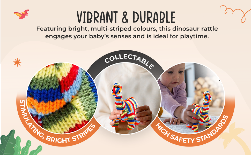 Best Years Ltd – wholesale Handheld rattle – Baby – Knitted Diplodocus Dinosaur Baby Rattle in Rainbow Stripes7