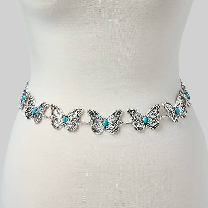BUTTERFLY AND TURQUOISE STONE LINK CHAIN BELT for wholesale by Girly