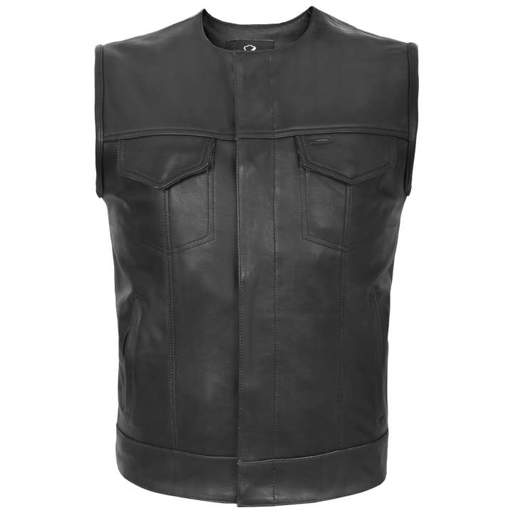 Collarless Leather Motorcycle Cut Off SOA Style Black for wholesale by Lesa collection