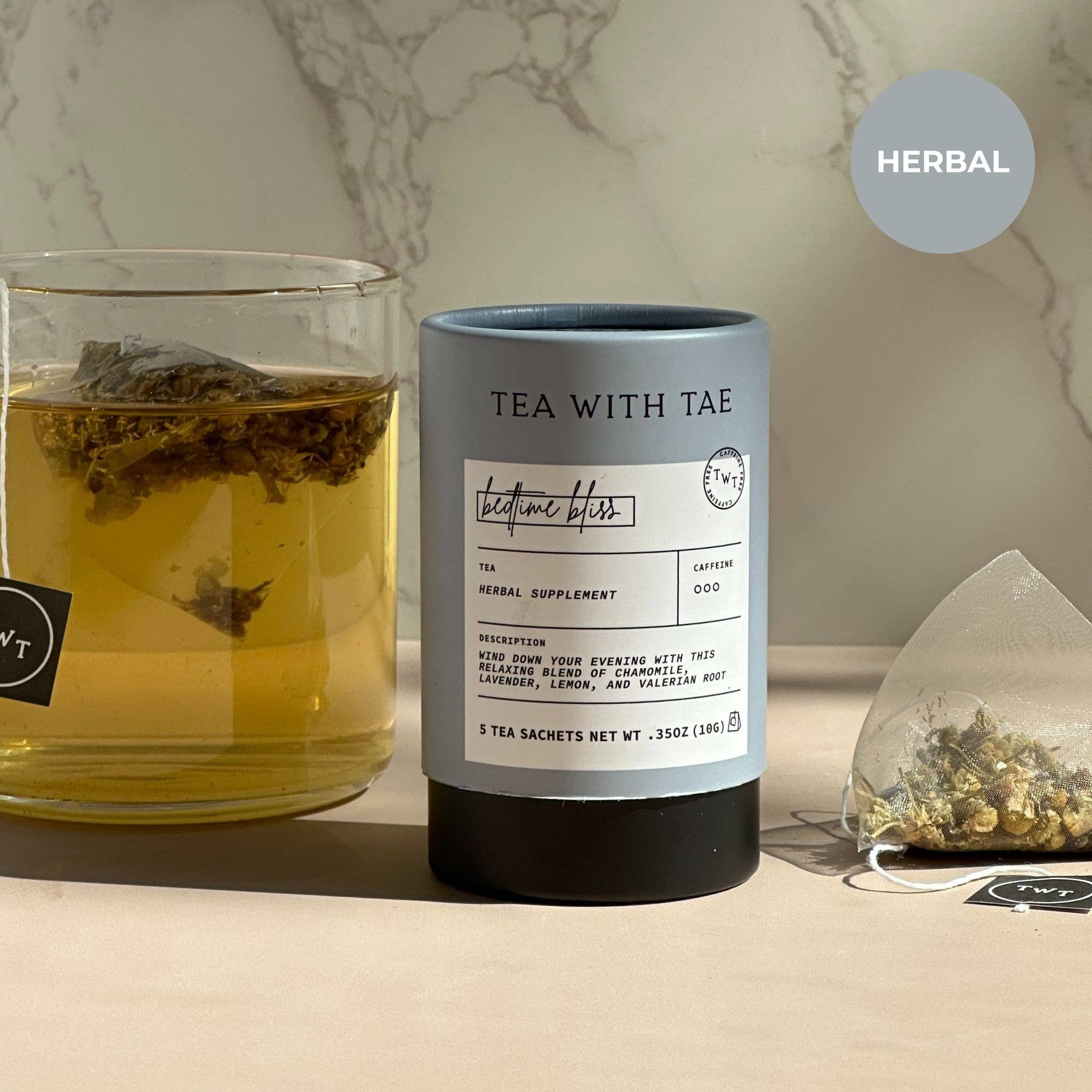 Tea with Tae - Wholesale Tea Bags - Bedtime Bliss Herbal Sleep Tea Mini Tube Gift (5 tea bags)1