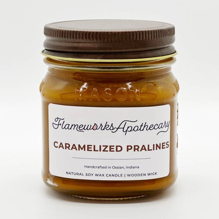 Caramelized Pralines 8 oz Mason Jar Wooden Wick Candle for wholesale by Flameworks Apothecary