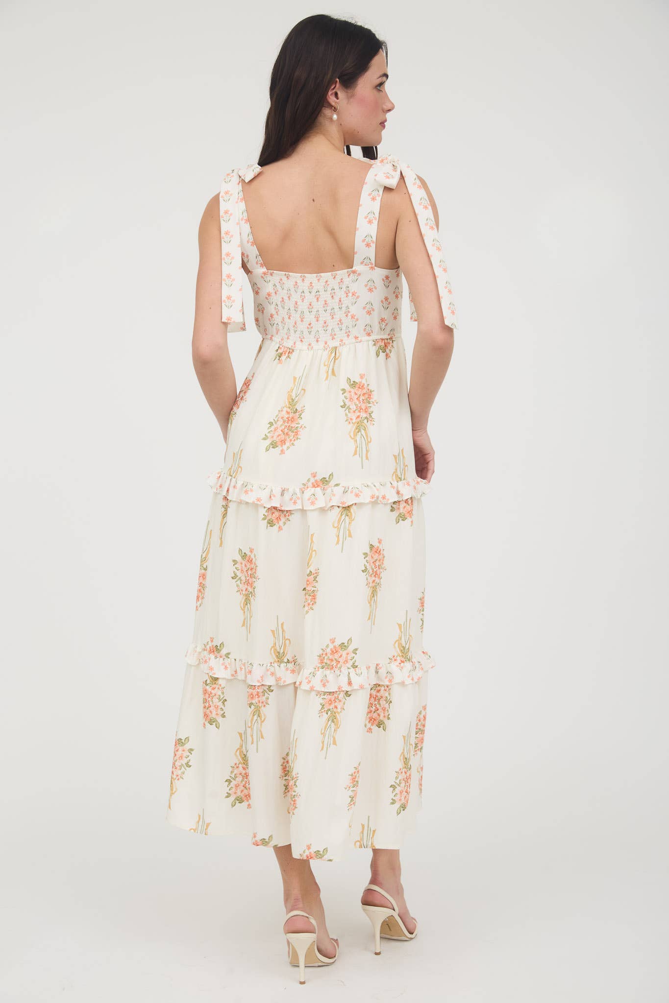 MINE – Vestido - Mulher por atacado – VESTIDO IMPÉRIO COM ESTAMPADO DE RAMALHETE FLORAL E ALÇAS DE ATAR EM CAMADAS1