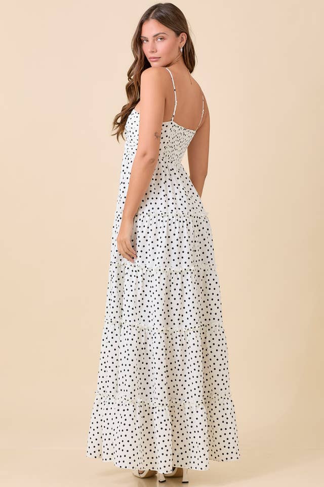 WHITE BLACK All Over Polka Dot Tier Maxi Halter Dress for wholesale on Faire