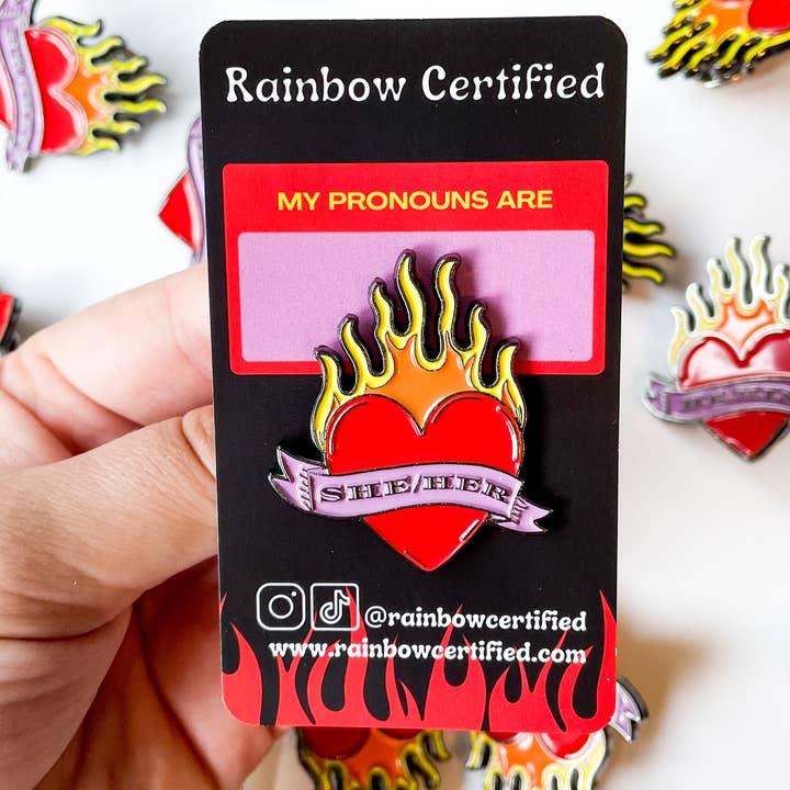 Rainbow Certified - Wholesale Lapel pin/button - Flaming Heart Pronoun Pins6