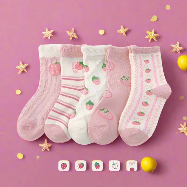 Calcetines infantiles de algodón con rayas de fresa para venta al por mayor de KiddieKickz