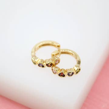 18K Gold Filled Huggies Earrings With MultiColor Heart Shape for wholesale by MIA Jewelry