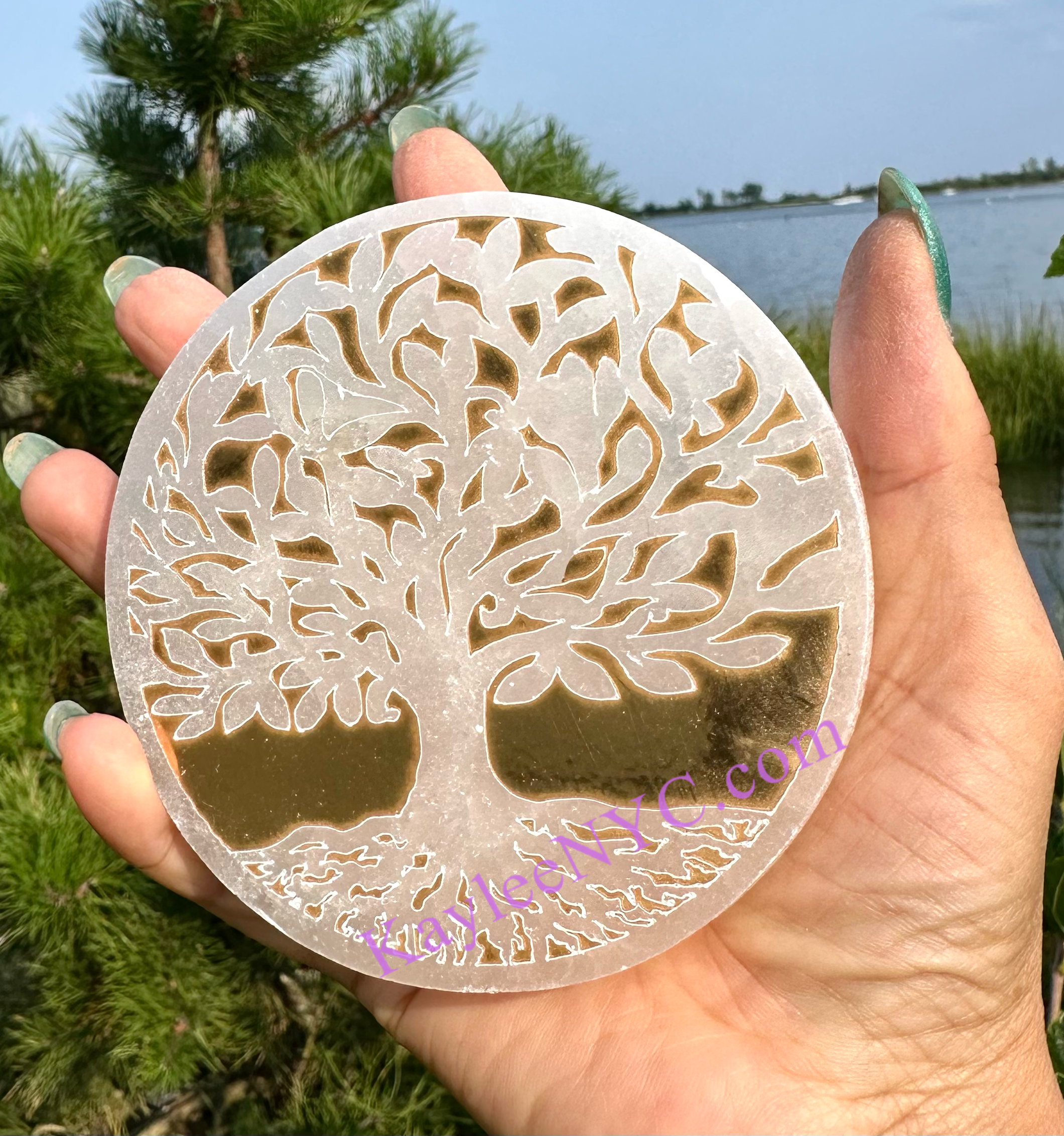 KayleeNYC – Großhandel Kristall-Ladeplatten – Selenit Satin Spar Lebensbaum-Ladeplatte, 10 cm3