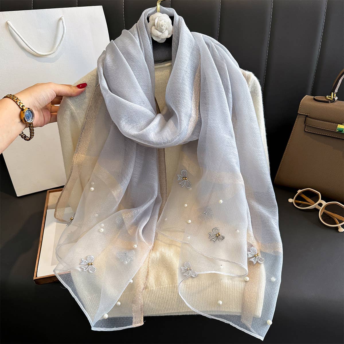 PEACH ACCESSORIES – wholesale Scarf – Women's – Silk Scarf with Embroidered Bows & Pearls14