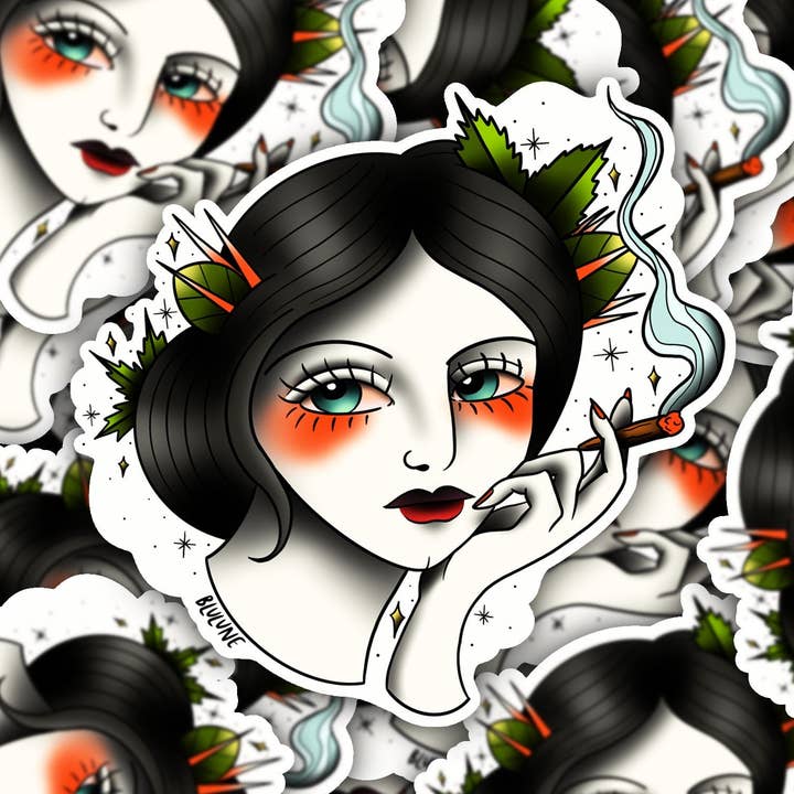 Autocollant d'art de tatouage Mary Jane Smoking Chill Vibes - Autocollants de tatouage - Style de tatouage traditionnel - Old School - Vintage pour la vente par BLULUNE