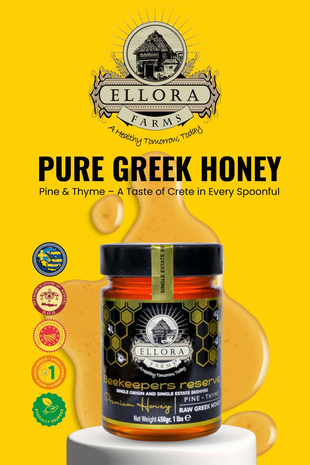 ELLORA FARMS - Wholesale Honey - Single Estate PDO Greek Raw Honey, Pine & Thyme, Gift 450g 8
