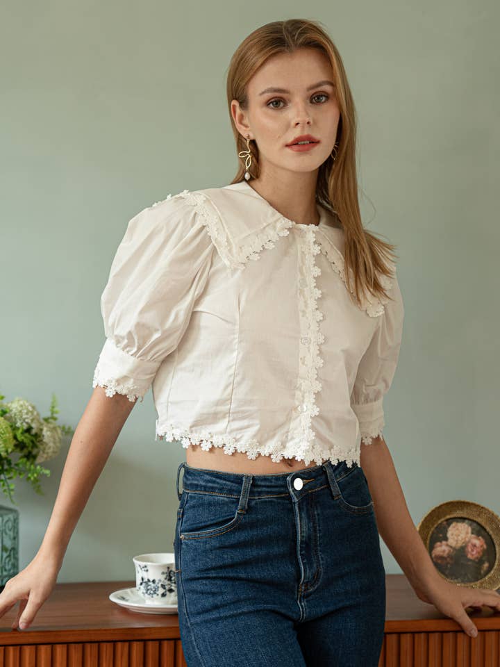 ROSIE POSIE - Venta al por mayor Blusa - Mujer - Blusa vintage con encaje floral y mangas abullonadas3