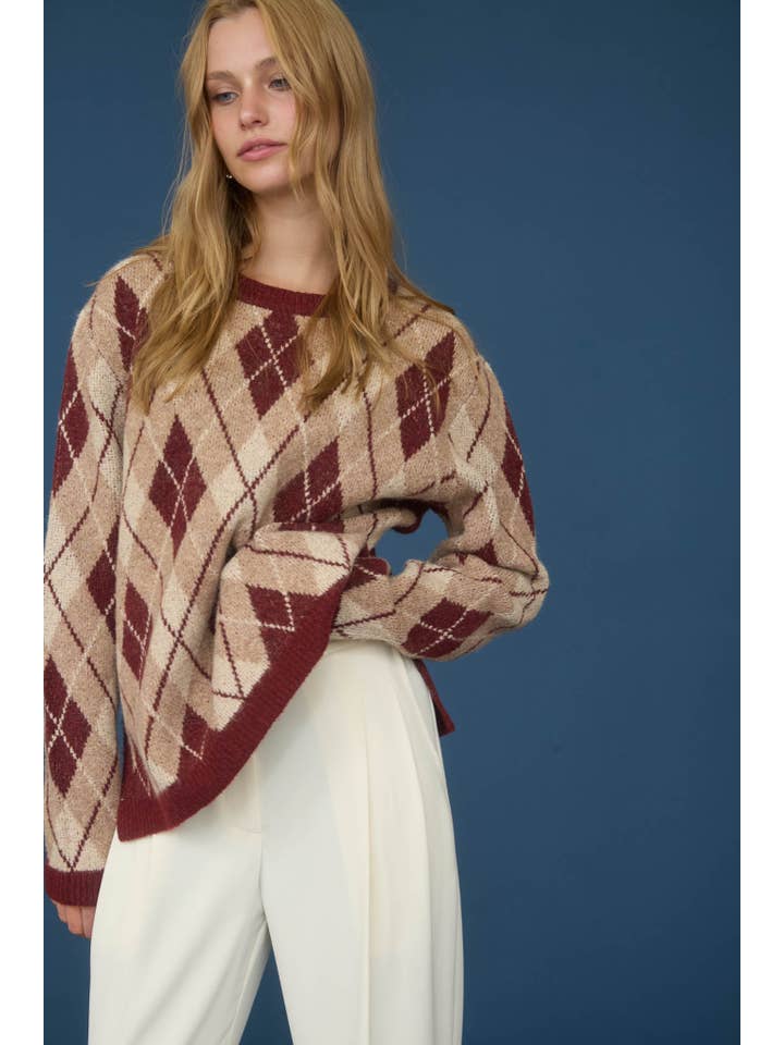 The Workshop Studio - Wholesale Knit Sweater - Women's - ARGYLE PATTERN CREW NECK LONG SLEEVE KNIT SWEATER3