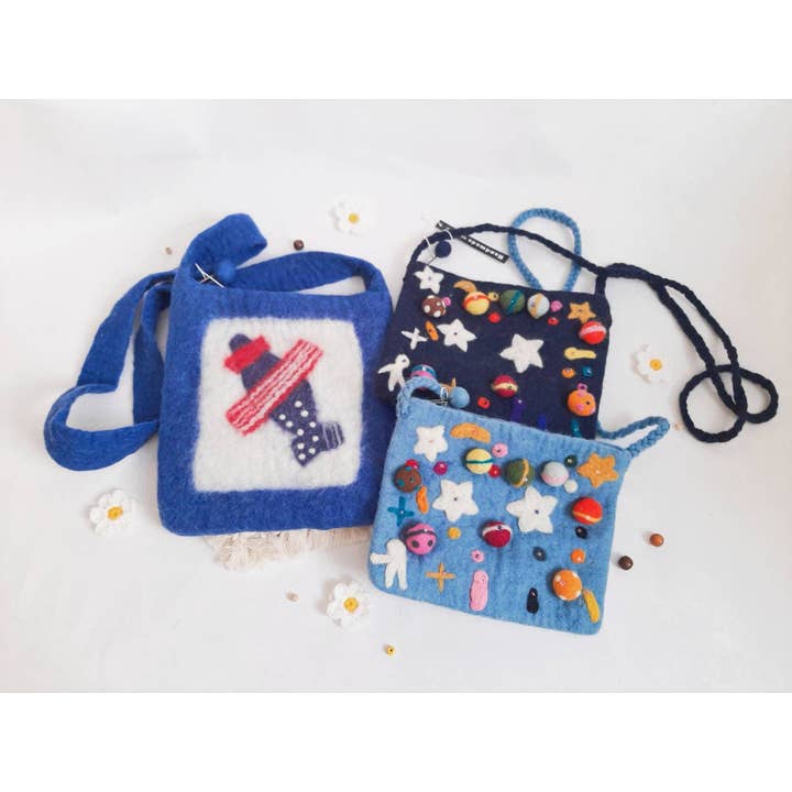 Hand Knit Wool Felted Crossbody Bag - Night Sky Meteor for wholesale by LeisTextileStudio