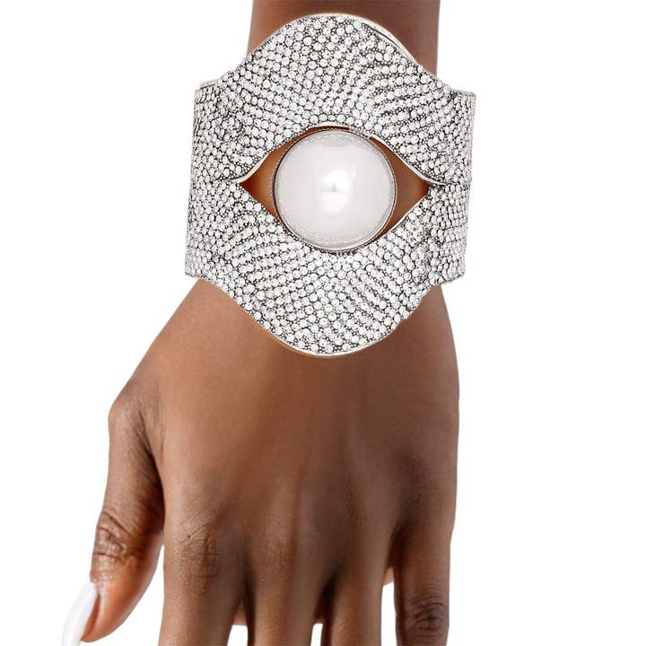 Brazalete Ornamental de Perlas y Piedras Plateadas de la Era Gatsby con Puño para venta al por mayor de PinktownUSA