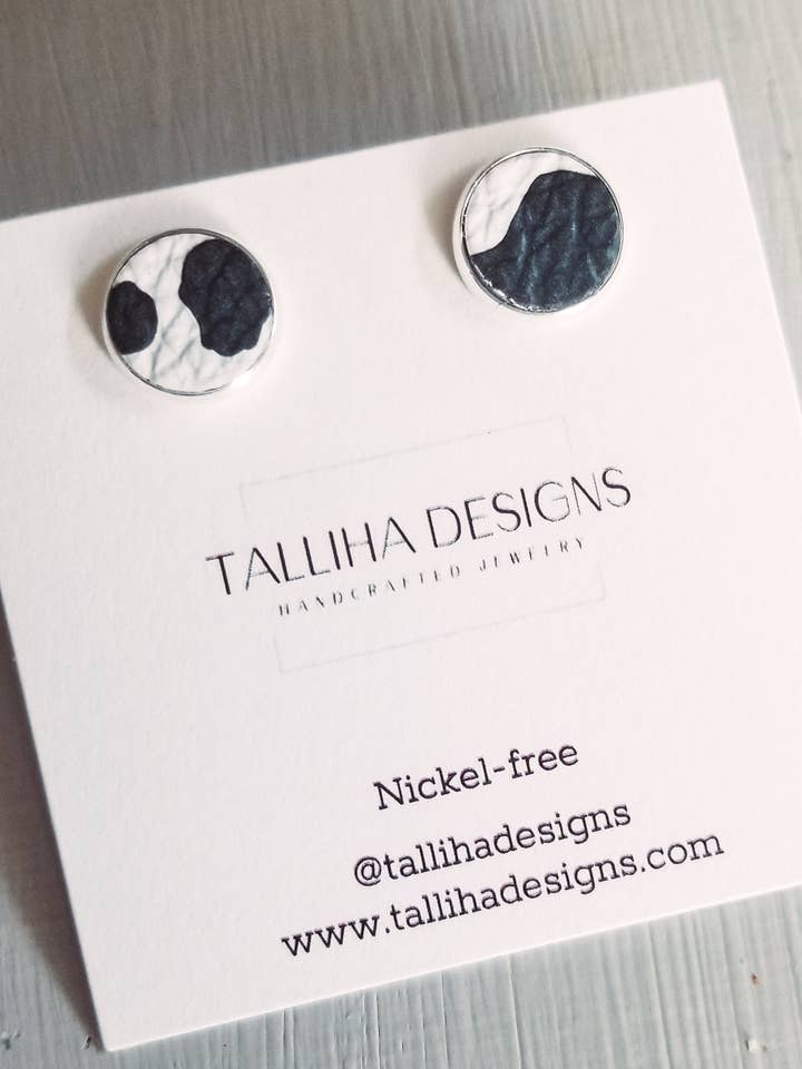 Brincos de couro genuíno ocidental com estampa de vaca de 12mm por atacado de Talliha Designs