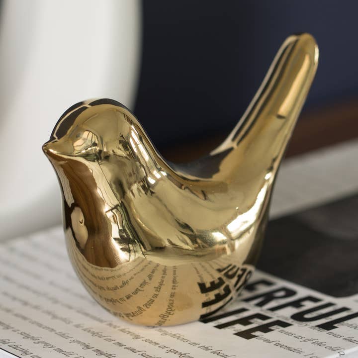 Estatua de figura de pájaro dorado de cerámica con decoración de mesa decorativa moderna para venta al por mayor de Quickway Imports