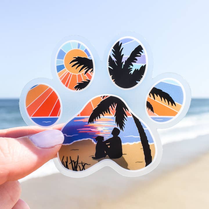 Wild Peonies Studio - Wholesale Sticker - Dog Paw Print Beach Guy with Dog Clear Vinyl Sticker