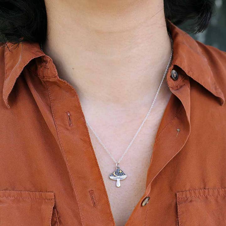 Nina Designs - Wholesale Pendant/Charm Necklace - Sterling Silver Mushroom Necklace with Bronze Star and Moon1