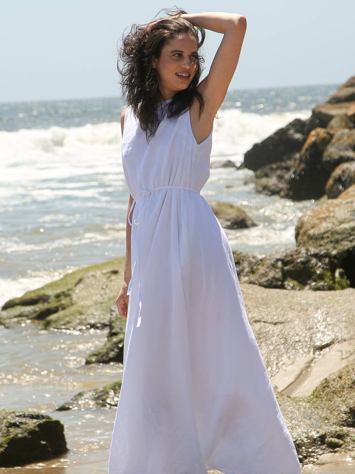 Belted Sleeveless Linen Maxi Sheath Dress LC3858 for wholesale by Beulah Style