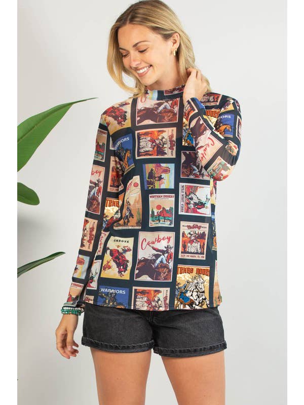 Multi Colored AV1230-ROBBIE VINTAGE WESTERN SEMI SHEER MESH TOP for wholesale on Faire