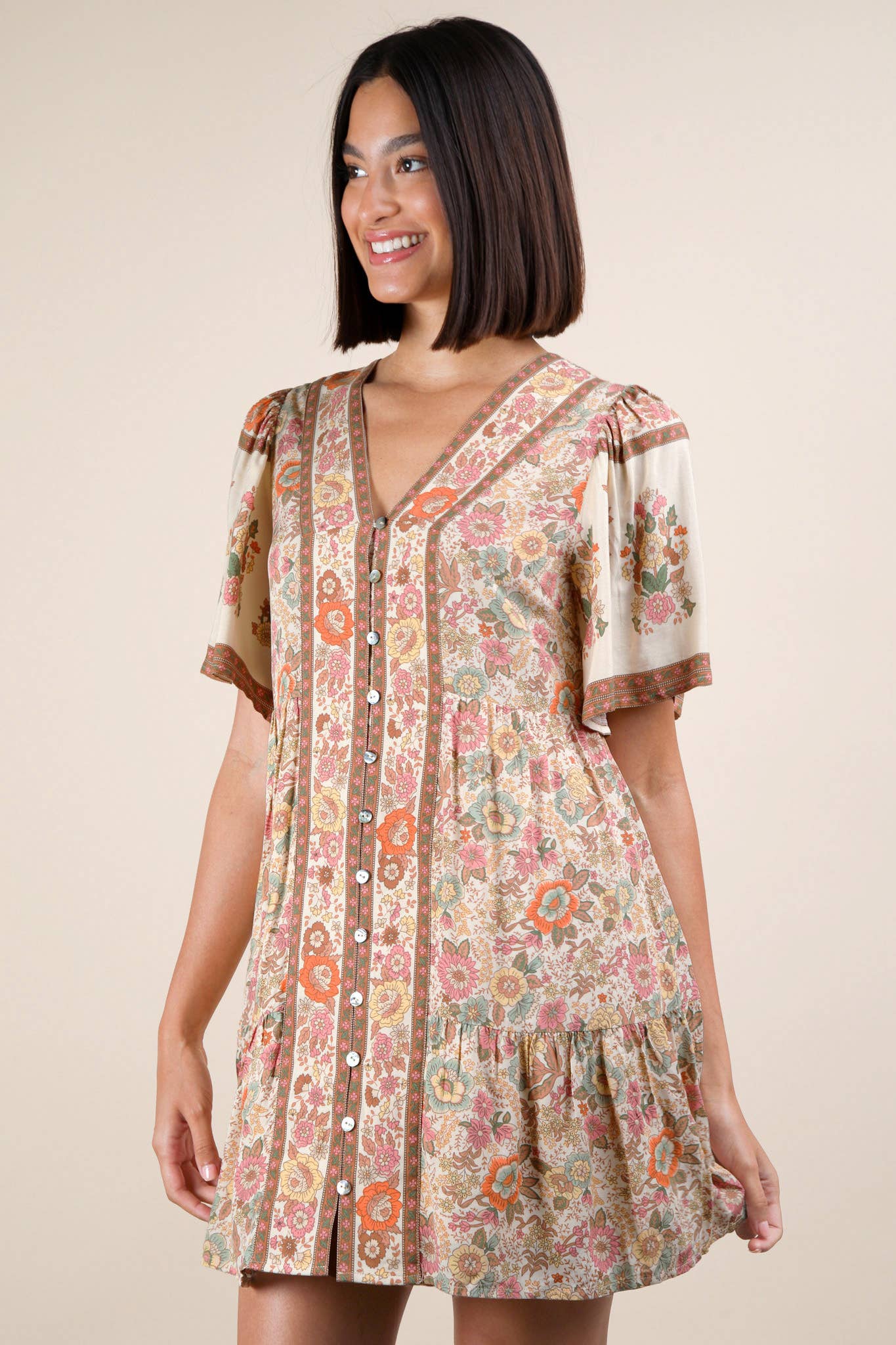 VERY J - Wholesale Dress - Women's - ND31637-Shirring Detail Printed Woven Mini Dress13