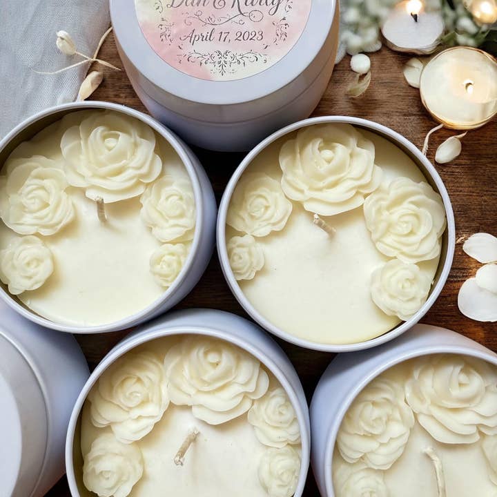 Rose Flower Soy Candle in 4oz Tin for Wedding Favors for wholesale by Karly’s Candles