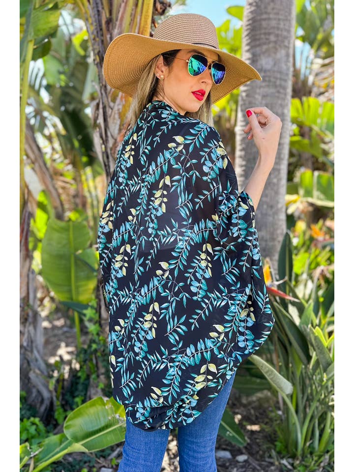 Schwarz Multi Schwarzer Chiffon-Kimono-Überzug mit mehrblättrigem Aufdruck für den Großhandel auf Faire3