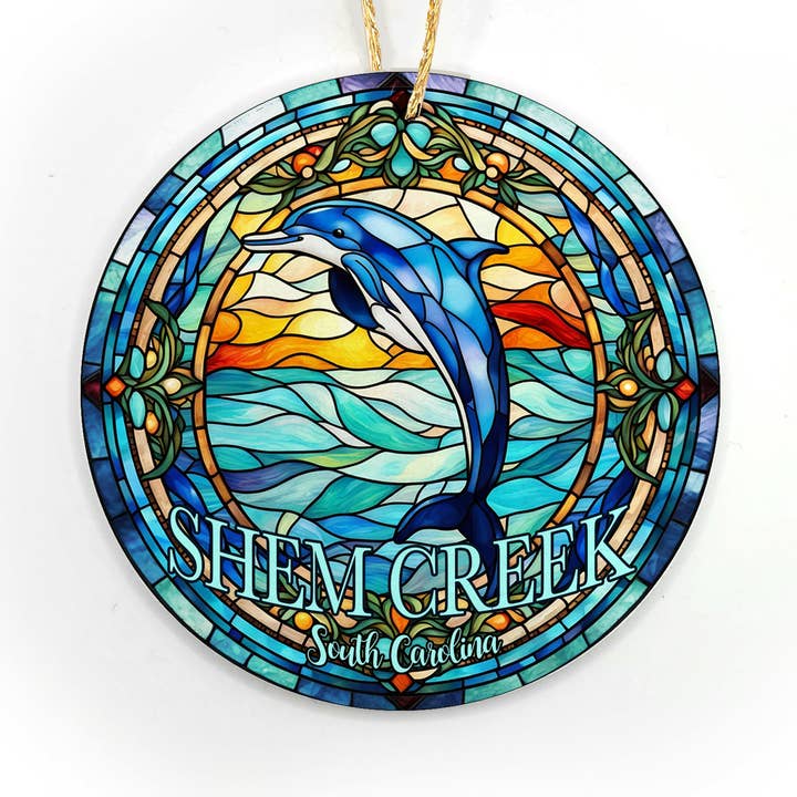 Dolphin Stained Glass "Look" WOOD Ornament-Custom Location for wholesale by Map Mom